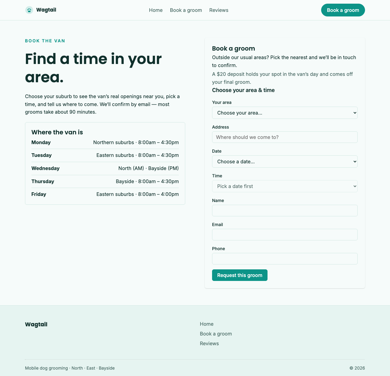 A mobile dog groomer’s booking page — pick a service area, a date and a time, then enter your details