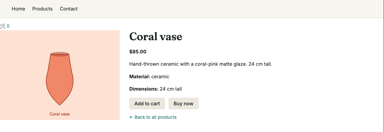 A product detail page — photo, price, description and specifications for one item