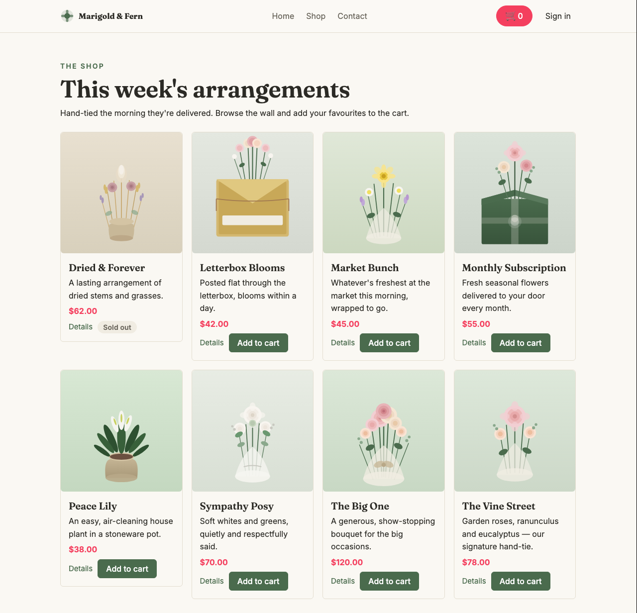 A florist shop built on EzyApp — a wall of arrangements with prices, a sold-out chip, and details links