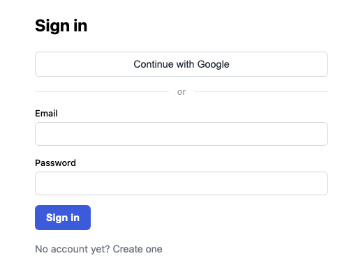 A sign-in form with a “Continue with Google” button above email and password fields