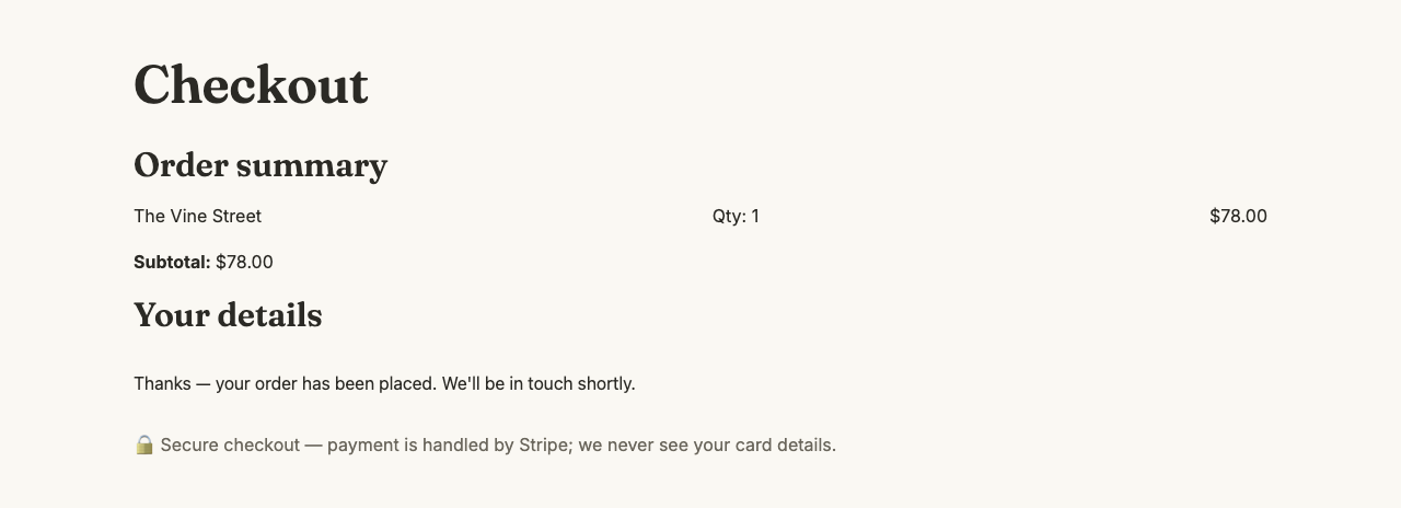 A checkout confirmation — order summary, “your order has been placed”, and a secure-payment note